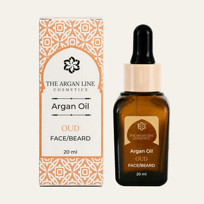 The Argan Line Gesichtsöl mit Arganöl und Oud indunkler Glassflasche für Bart und Gesicht